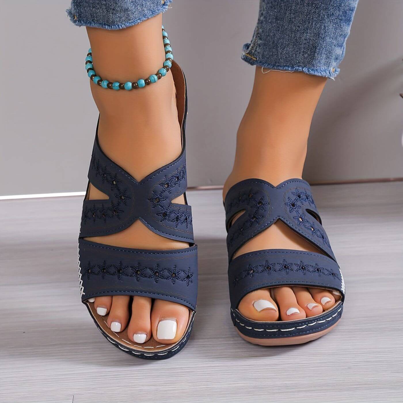Open Toe Cutout Embroidered Wedge Sandals