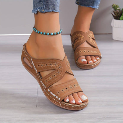 Open Toe Cutout Embroidered Wedge Sandals