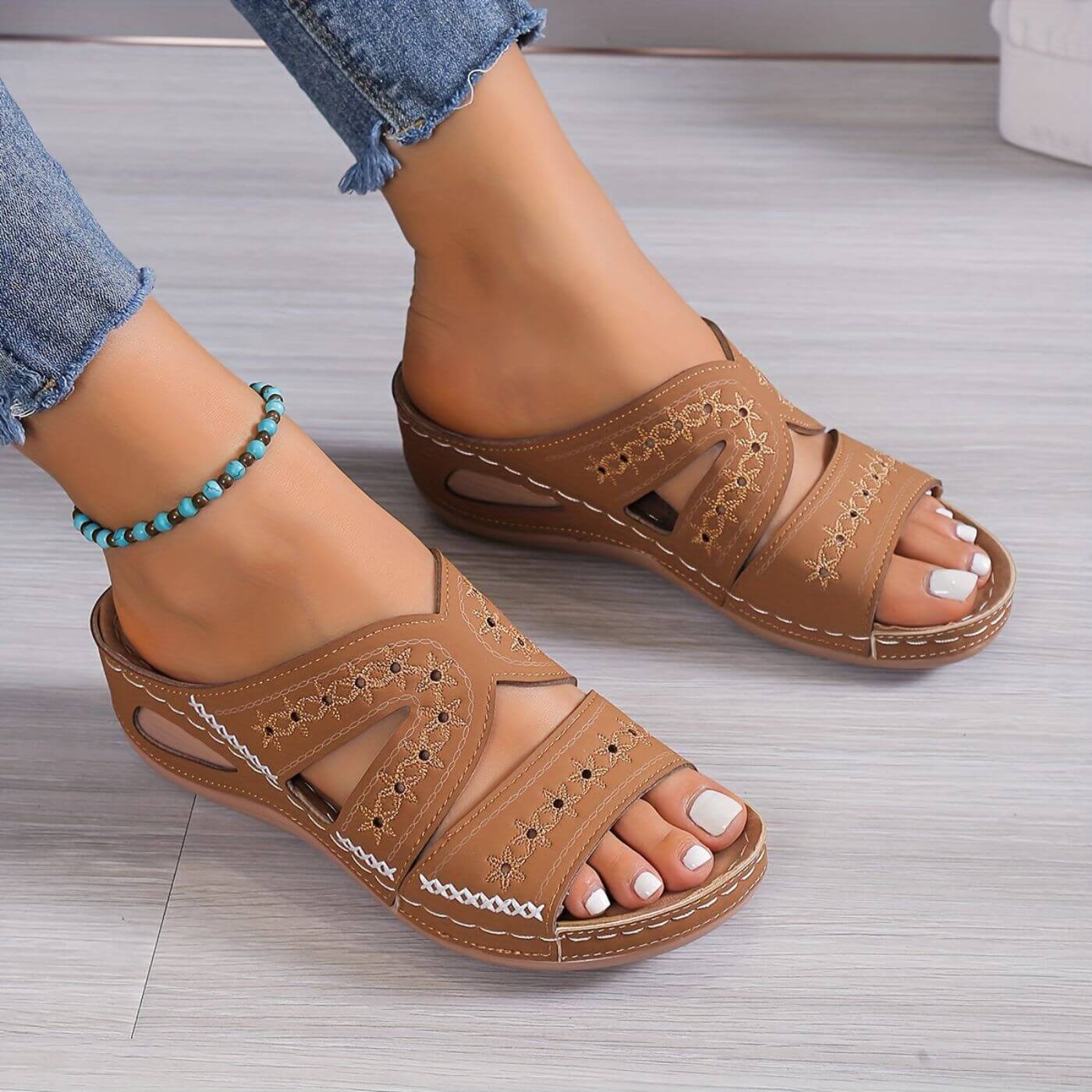 Open Toe Cutout Embroidered Wedge Sandals