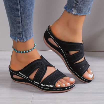 Open Toe Cutout Embroidered Wedge Sandals