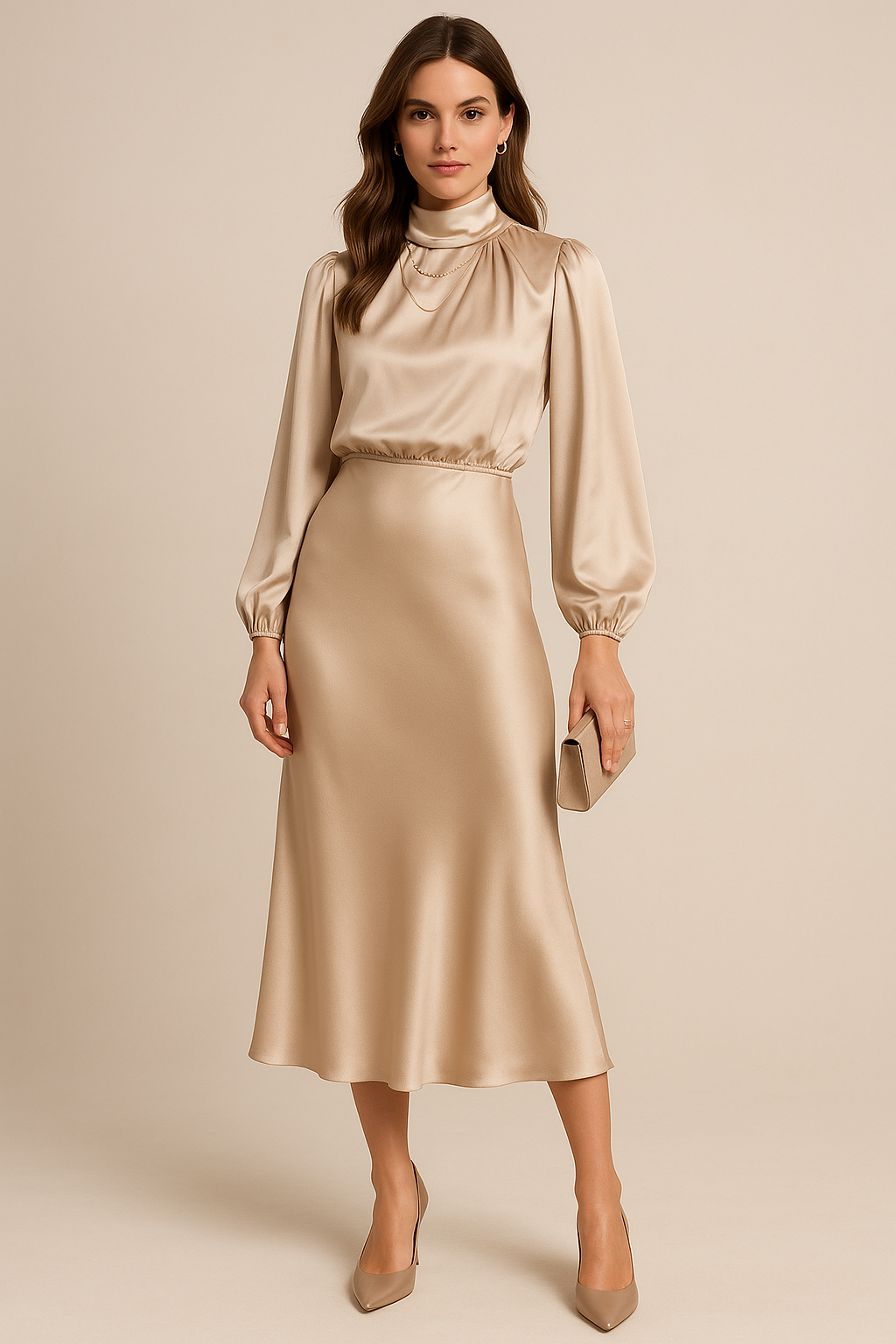 Gathered Mock Neck Flared Hem Midi Dress