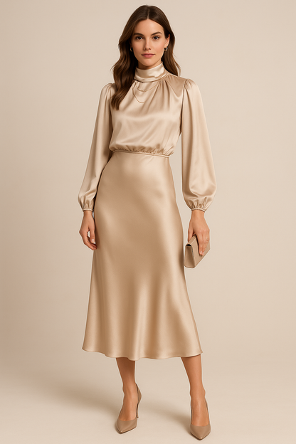 Gathered Mock Neck Flared Hem Midi Dress
