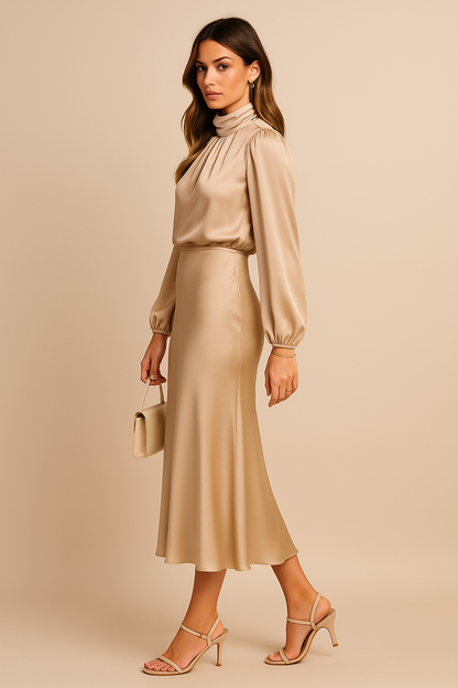 Gathered Mock Neck Flared Hem Midi Dress