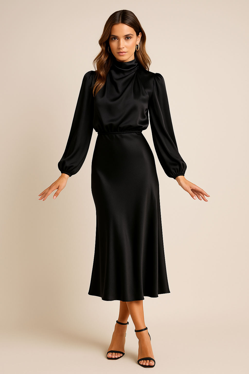 Gathered Mock Neck Flared Hem Midi Dress