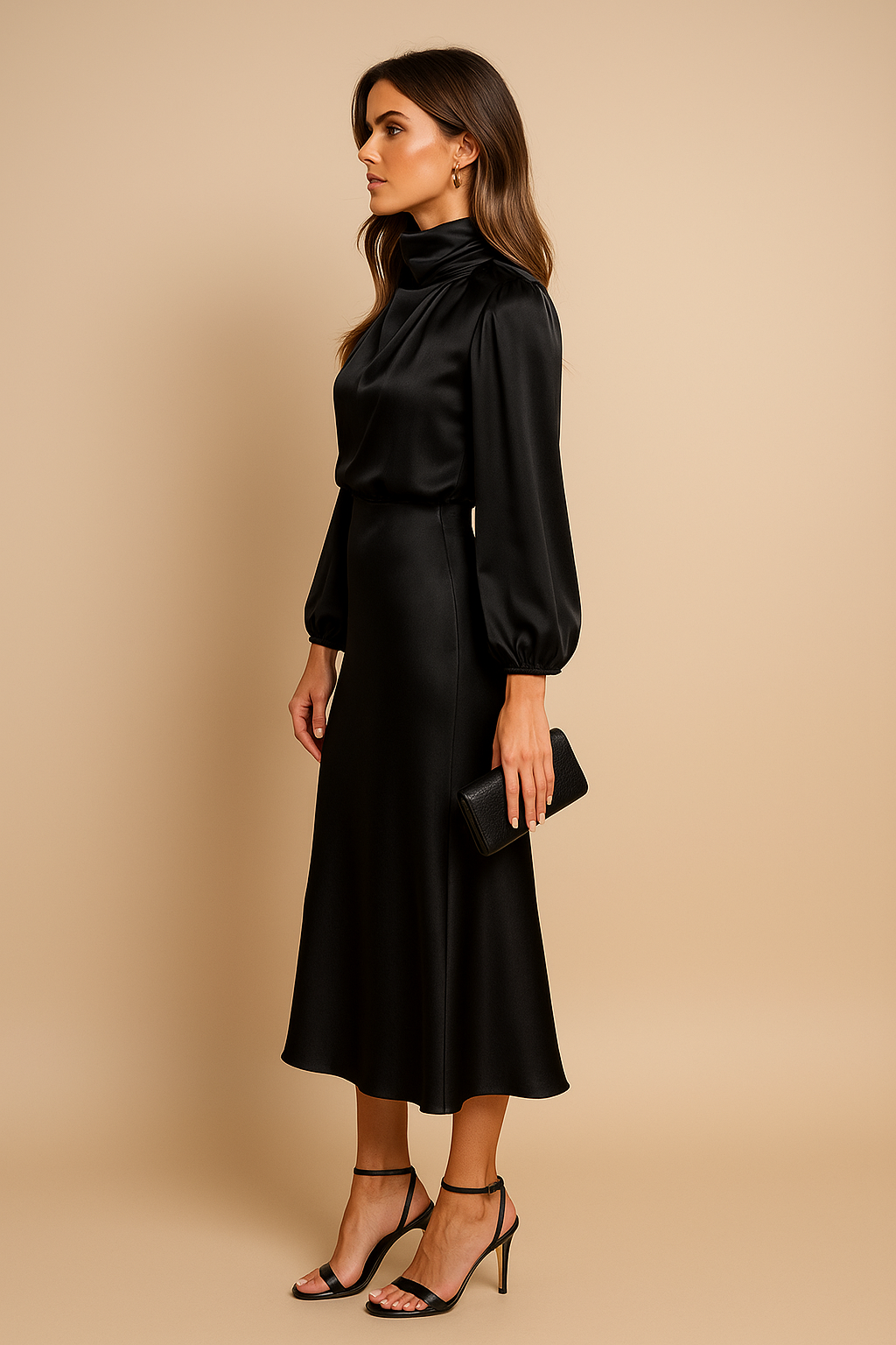 Gathered Mock Neck Flared Hem Midi Dress