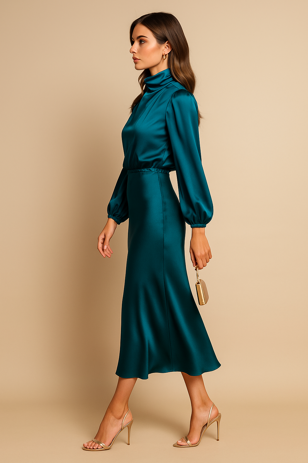 Gathered Mock Neck Flared Hem Midi Dress