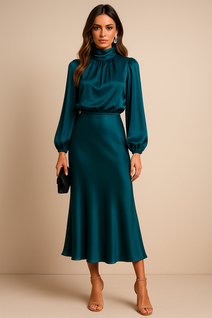 Gathered Mock Neck Flared Hem Midi Dress