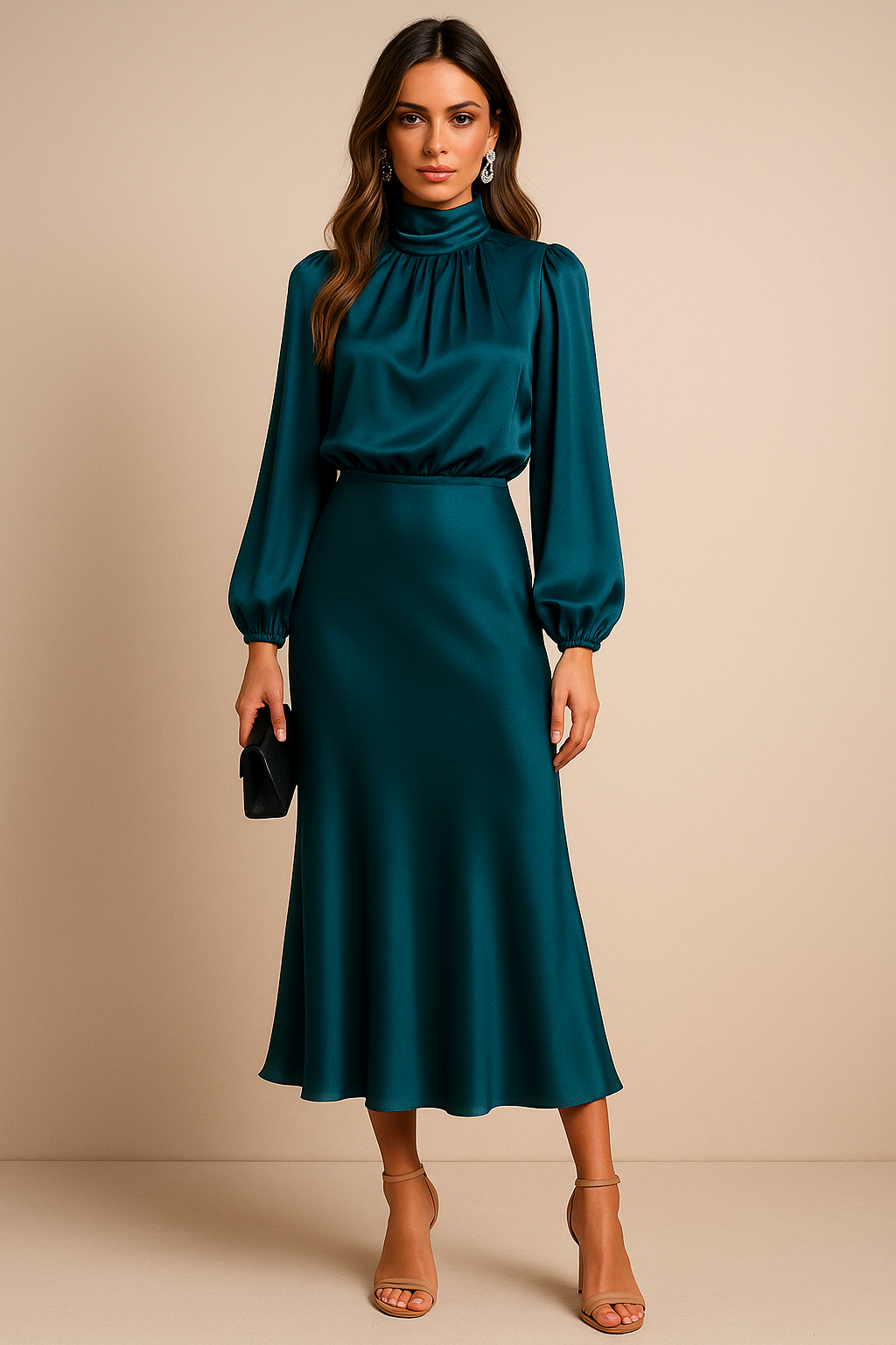 Gathered Mock Neck Flared Hem Midi Dress