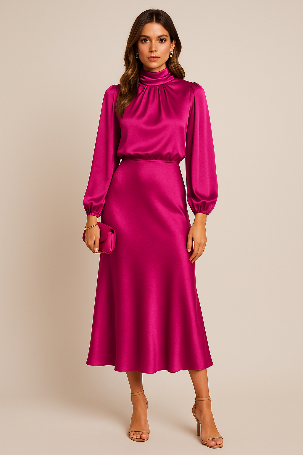 Gathered Mock Neck Flared Hem Midi Dress