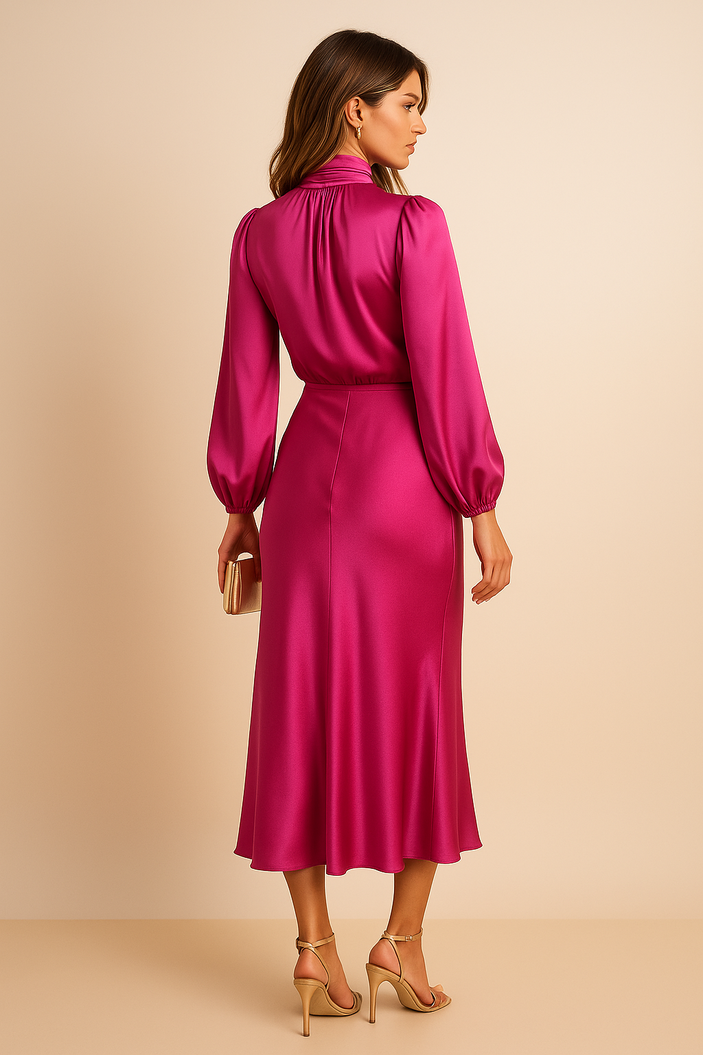 Gathered Mock Neck Flared Hem Midi Dress