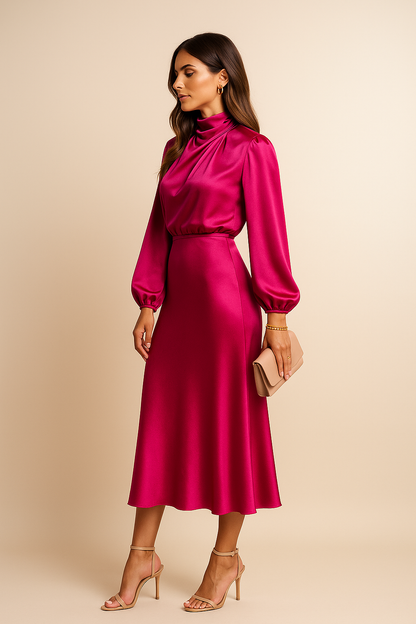 Gathered Mock Neck Flared Hem Midi Dress