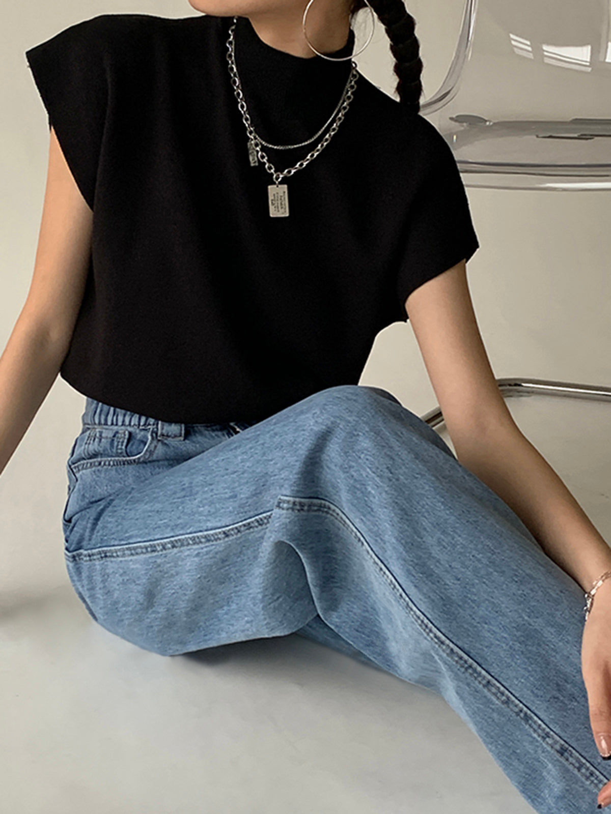 High Neck Sleeveless Knit Loose Top