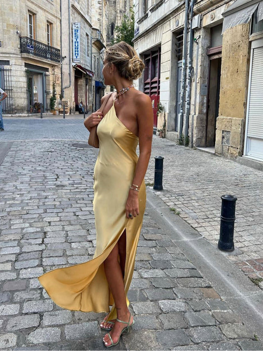 One Shoulder Backless Side Slit Maxi Dress