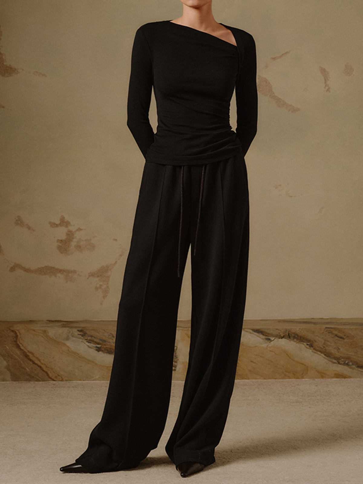 Asymmetric Cutout Ruched Long Sleeve Top