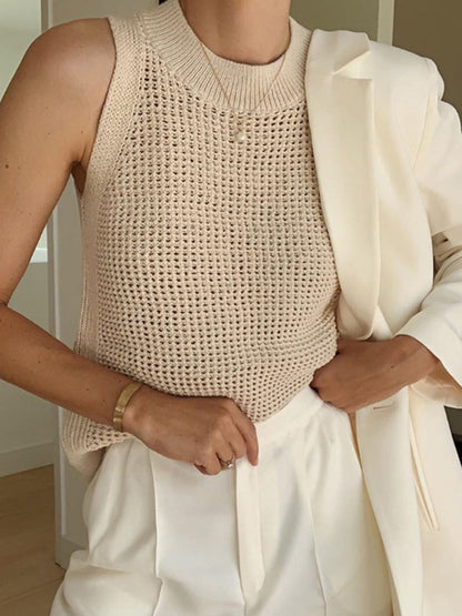 Open Knit Sleeveless Side Slit Crew Neck Top