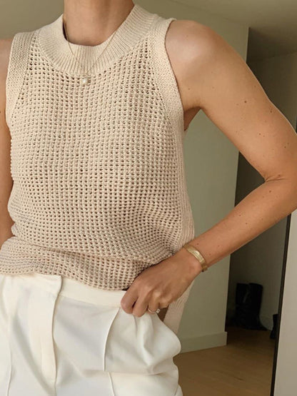 Open Knit Sleeveless Side Slit Crew Neck Top