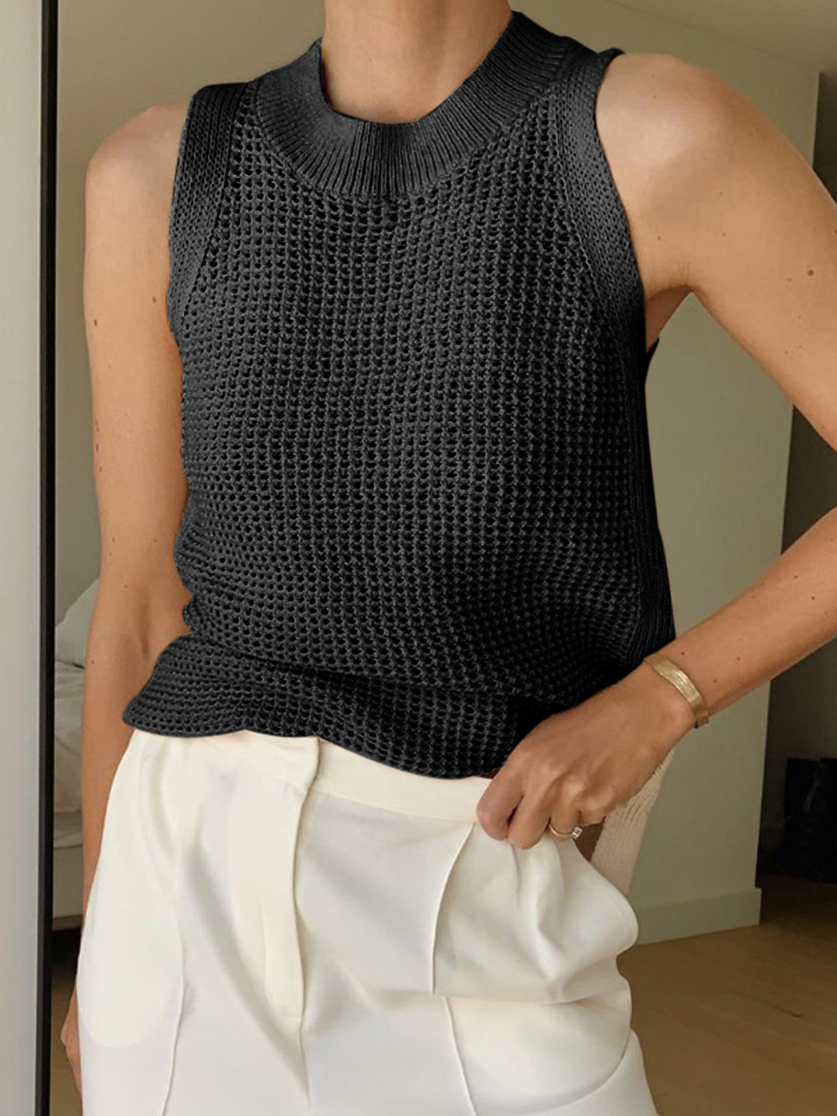Open Knit Sleeveless Side Slit Crew Neck Top