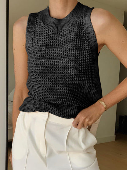 Open Knit Sleeveless Side Slit Crew Neck Top