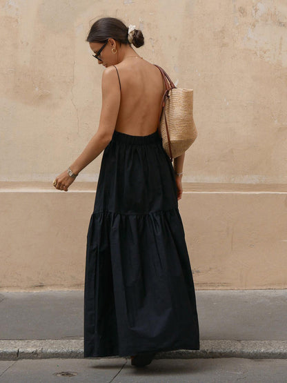 Sleeveless Spaghetti Strap Open Back Tiered Maxi Dress