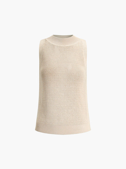Open Knit Sleeveless Side Slit Crew Neck Top