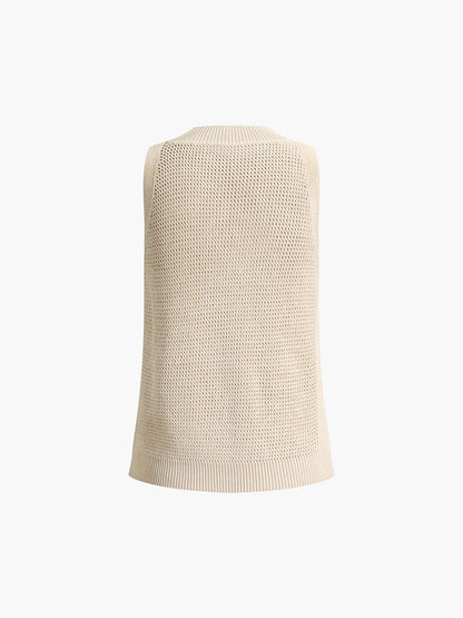 Open Knit Sleeveless Side Slit Crew Neck Top