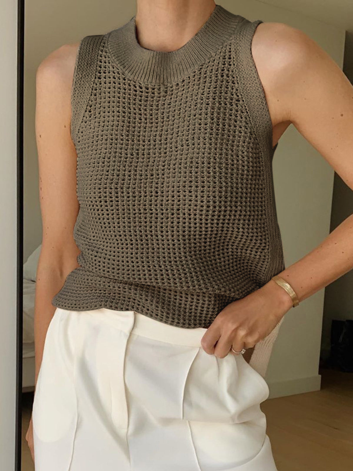 Open Knit Sleeveless Side Slit Crew Neck Top