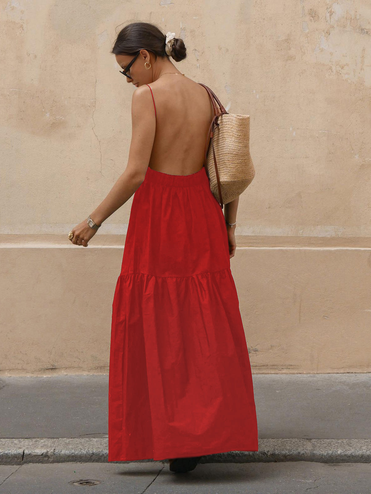 Sleeveless Spaghetti Strap Open Back Tiered Maxi Dress