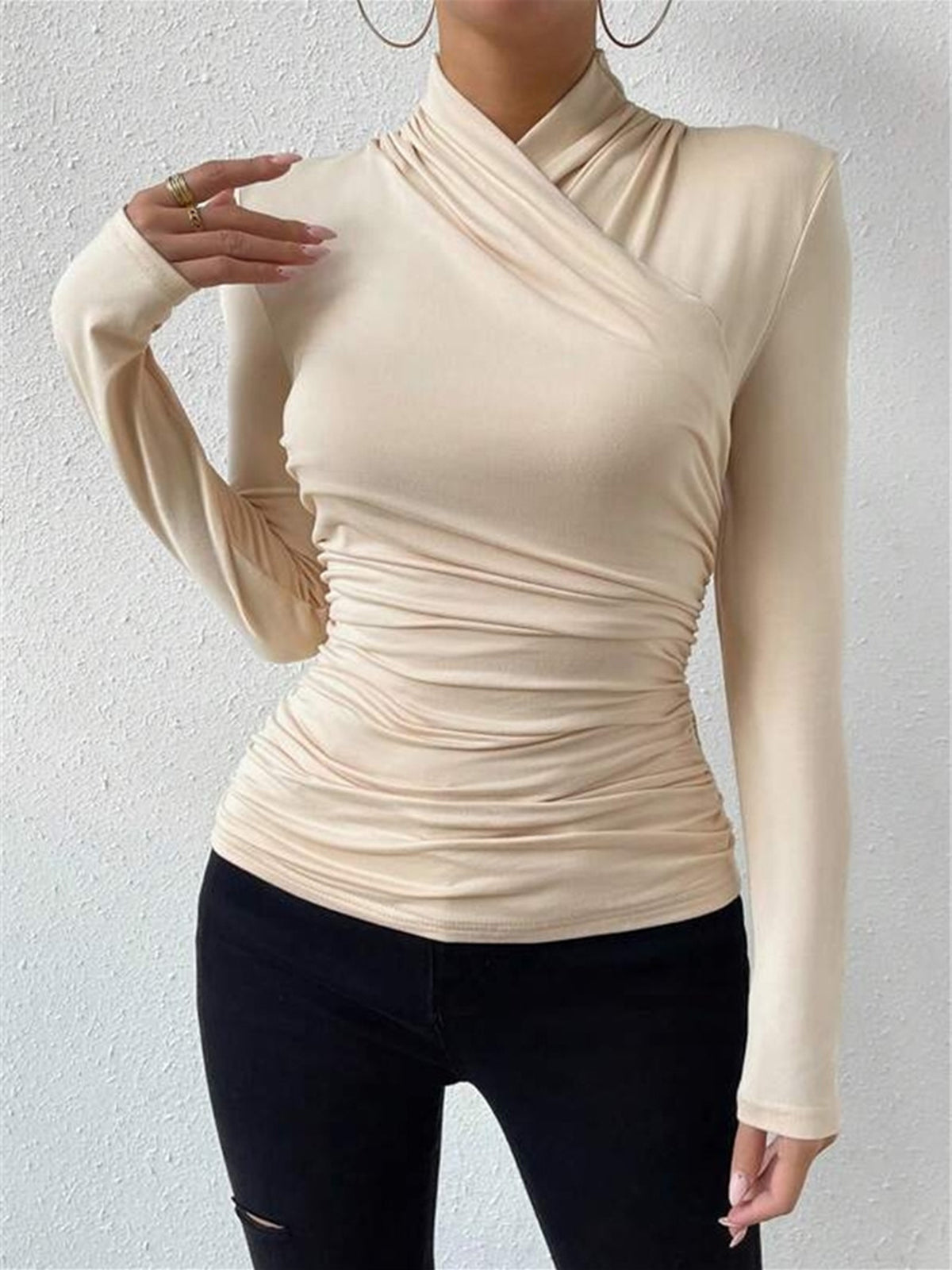 Crossover Drape Long Sleeve Fitted Top