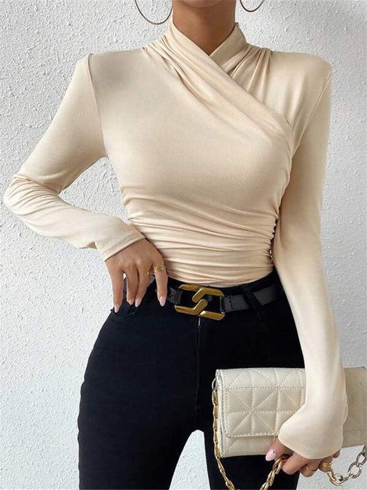 Crossover Drape Long Sleeve Fitted Top