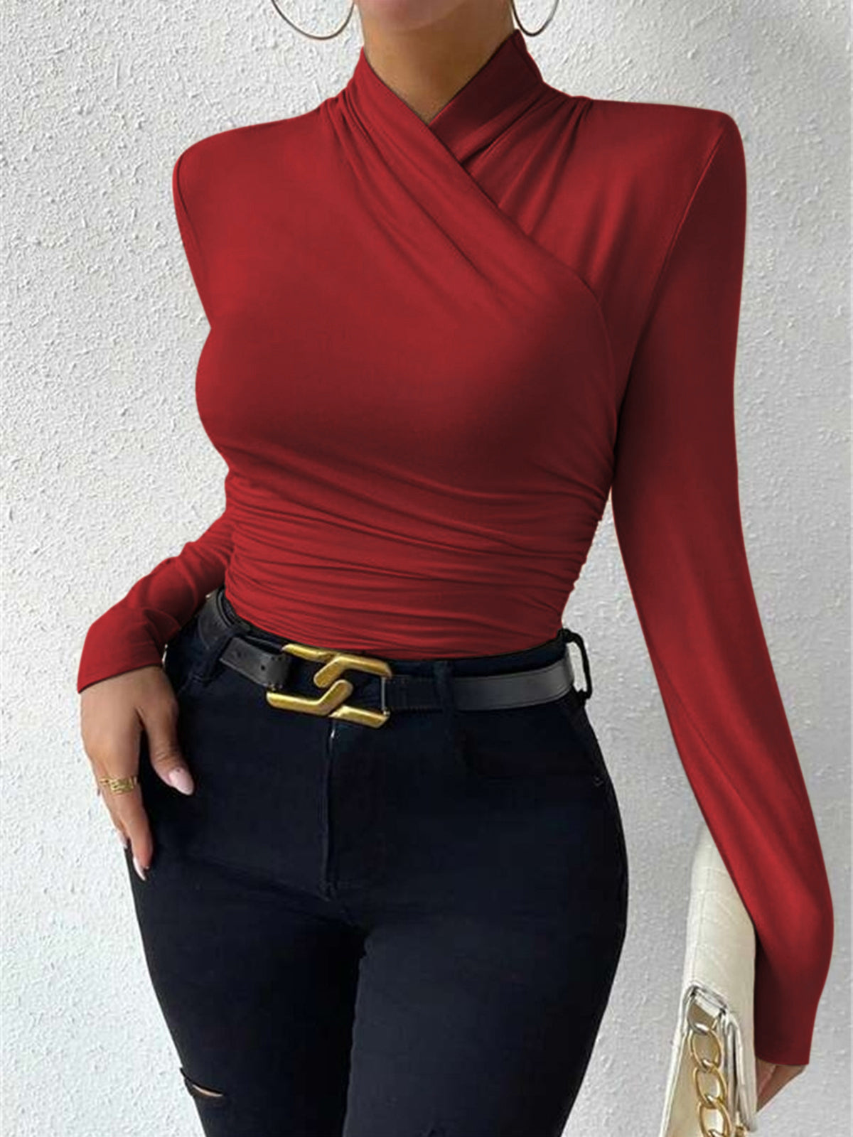 Crossover Drape Long Sleeve Fitted Top