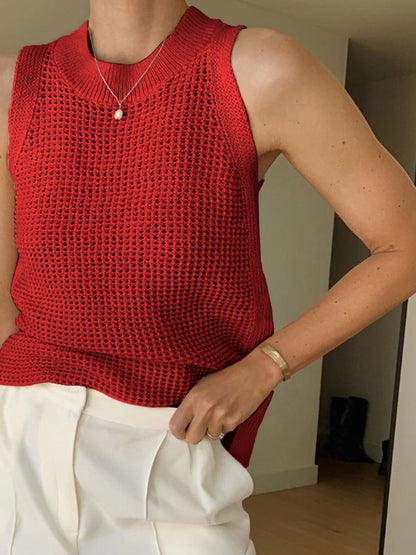Open Knit Sleeveless Side Slit Crew Neck Top