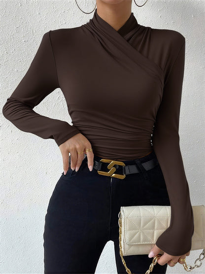 Crossover Drape Long Sleeve Fitted Top