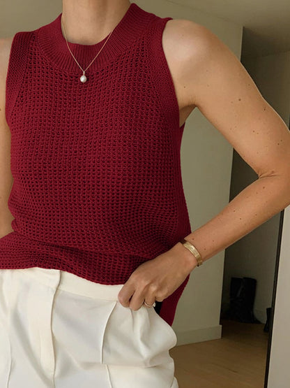 Open Knit Sleeveless Side Slit Crew Neck Top