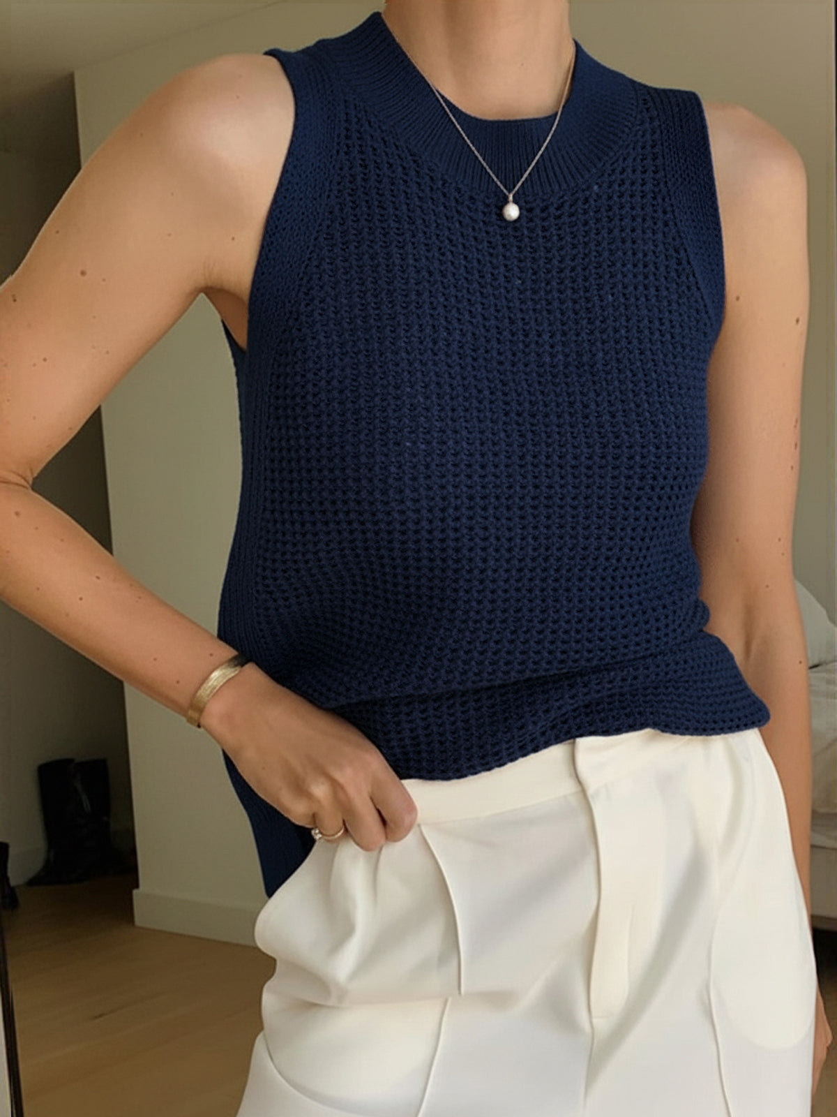 Open Knit Sleeveless Side Slit Crew Neck Top