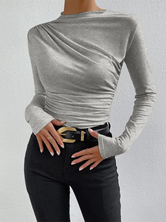 Fitted Ruched High Neck Long Sleeve Top