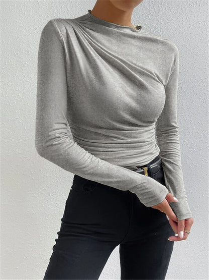 Fitted Ruched High Neck Long Sleeve Top