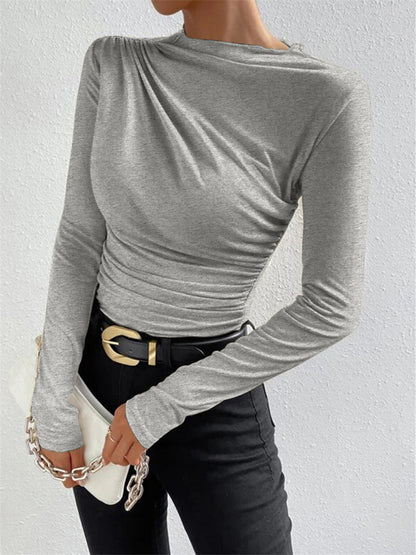 Fitted Ruched High Neck Long Sleeve Top