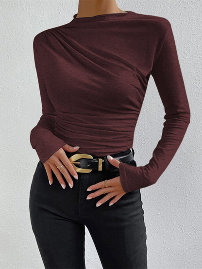 Fitted Ruched High Neck Long Sleeve Top