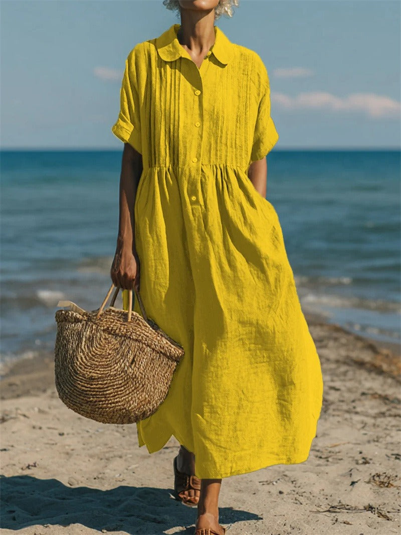 Collared Buttoned Pleated Gathered Loose Maxi Dress