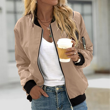 Women's Zip-Up Bomber Jacket with Ribbed Trim