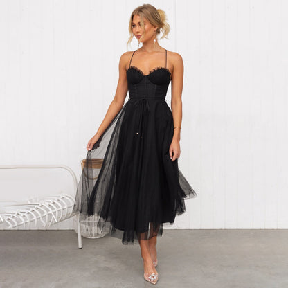 Strappy Cupped Boned Layered Flared Midi Dress