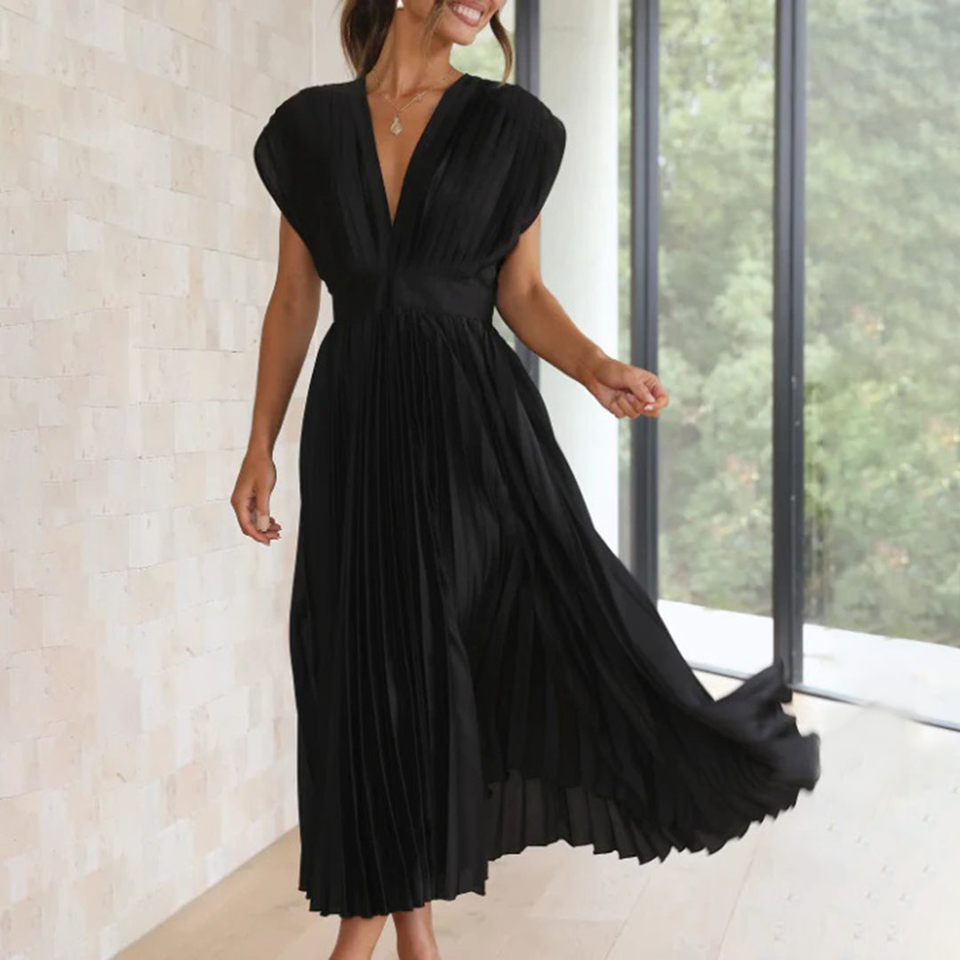 Draped Backless Sleeveless Cinched Pleated Midi Dress
