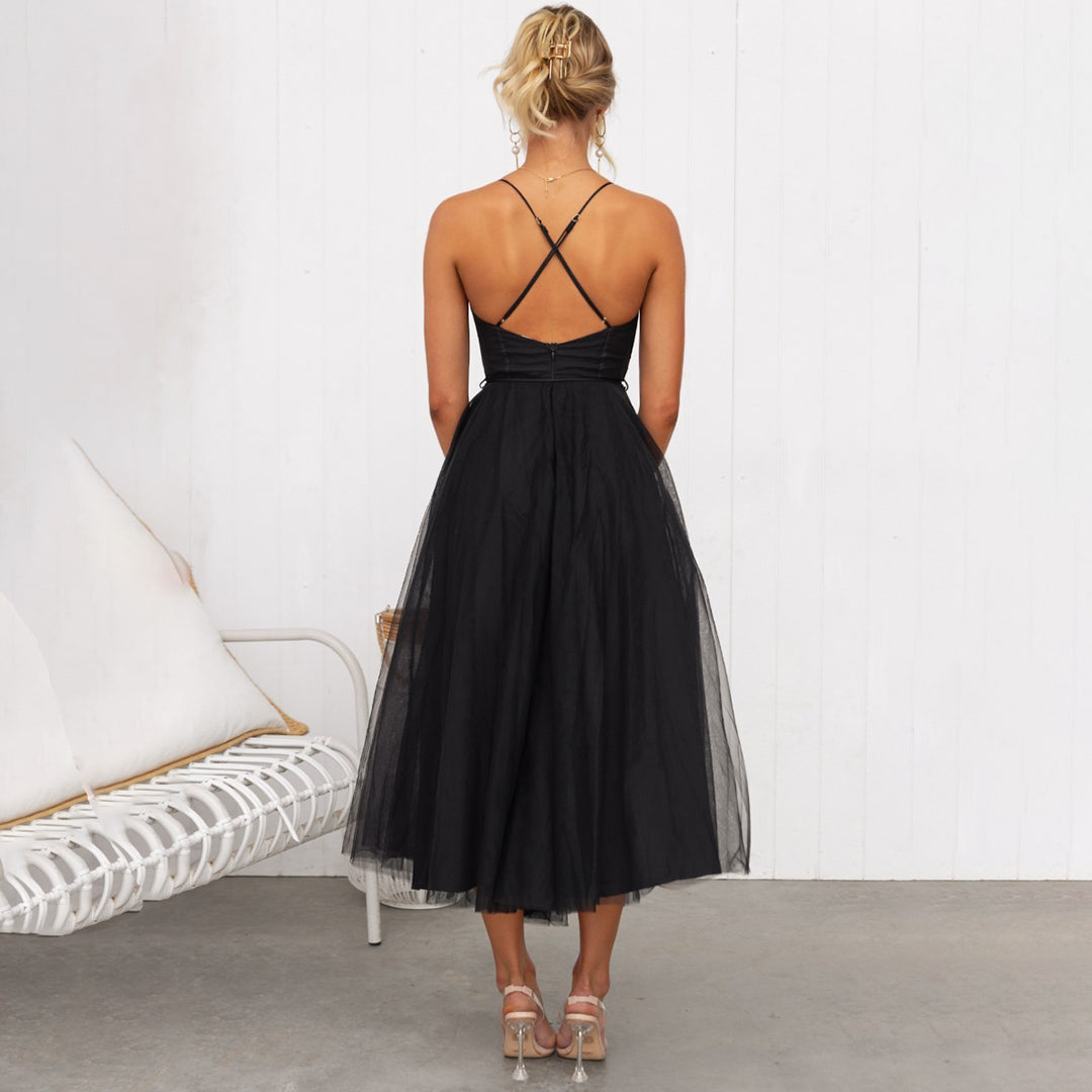 Strappy Cupped Boned Layered Flared Midi Dress
