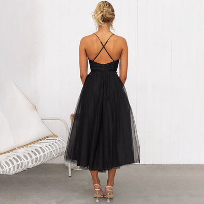 Strappy Cupped Boned Layered Flared Midi Dress