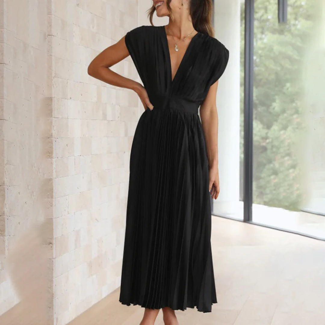 Draped Backless Sleeveless Cinched Pleated Midi Dress