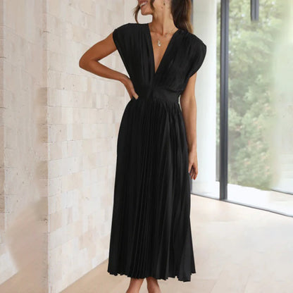 Draped Backless Sleeveless Cinched Pleated Midi Dress