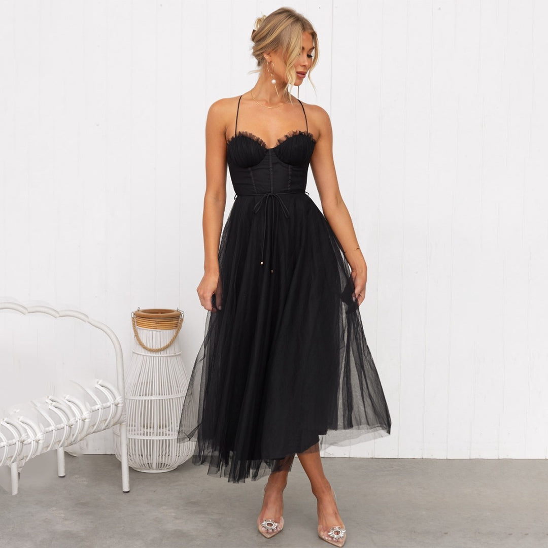 Strappy Cupped Boned Layered Flared Midi Dress