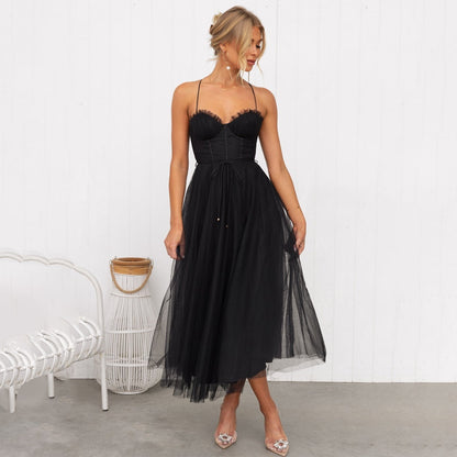 Strappy Cupped Boned Layered Flared Midi Dress