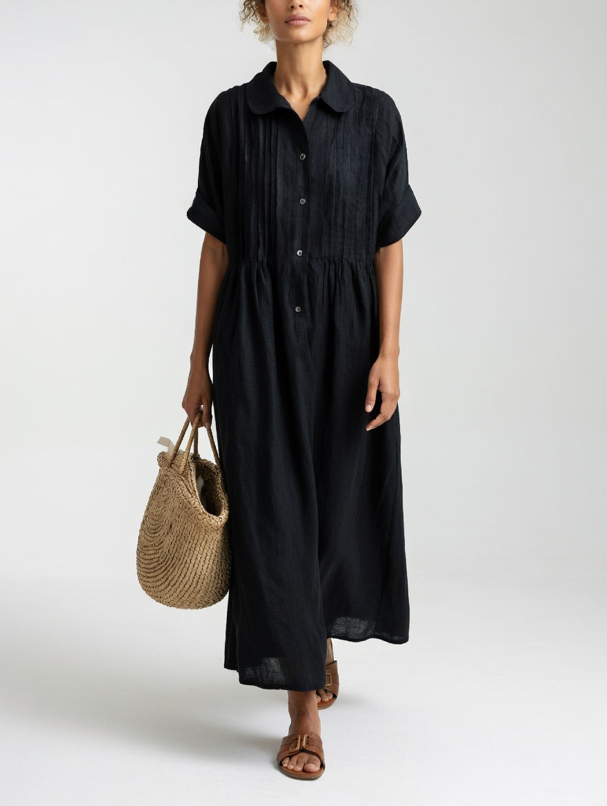 Collared Buttoned Gathered Loose Midi Dress
