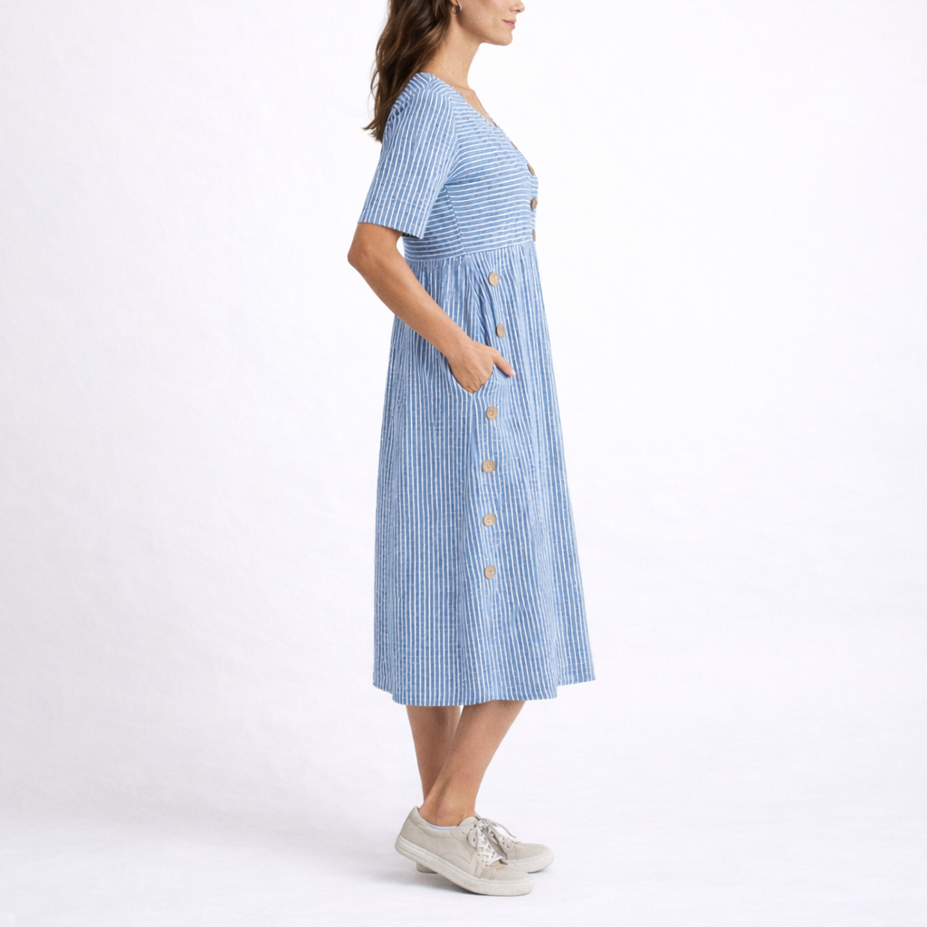 Scoop Neck Short Sleeve Fit and Flare Striped Midi Dress with Pockets